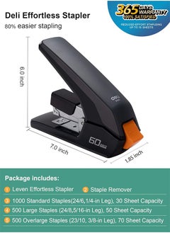 ديلي دباسة Deli Effortless Heavy Duty، دباسة بلمسة واحدة، دباسة مريحة وسهلة التحميل، سعة 60 ورقة، تتضمن 2000 دبوس ومزيل دبابيس لسطح المكتب  - Image 2