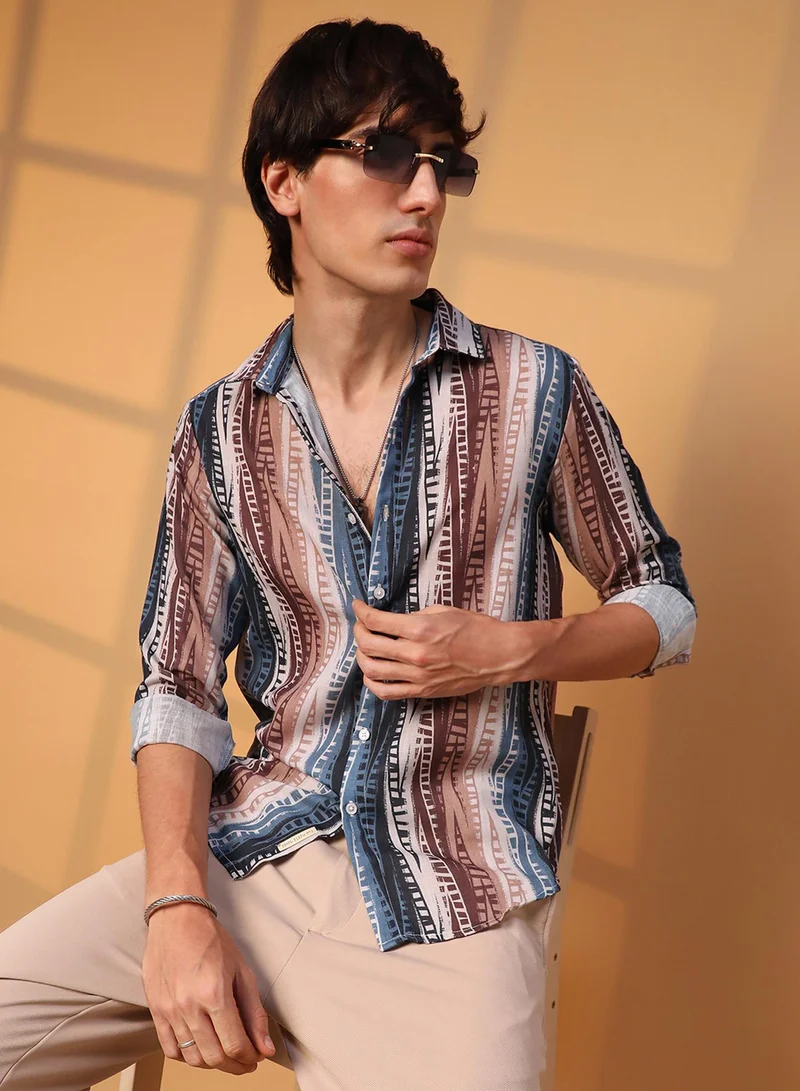 Campus Sutra Campus Sutra Men's Multicolour Strokes Block Shirt For Casual Wear | Spread Collar | Long Sleeve | Button Closure | Shirt Crafted With Comfort Fit For Everyday Wear