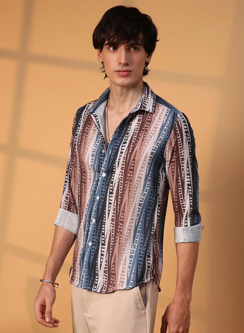 Campus Sutra Campus Sutra Men's Multicolour Strokes Block Shirt For Casual Wear | Spread Collar | Long Sleeve | Button Closure | Shirt Crafted With Comfort Fit For Everyday Wear