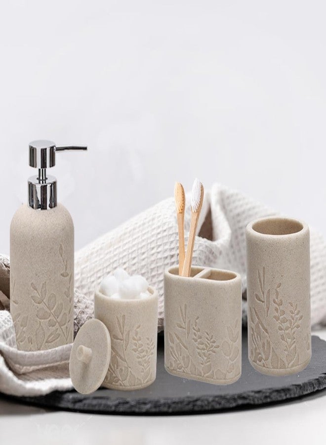 Aksipo Beige Bathroom Accessories Set, 4 Pcs Sturdy Resin Bathroom Accessory Set, Hand Soap Dispenser, Toothbrush Holder Set, Tumbler, Qtip Holder Dispenser, Stylish & Modern Bathroom Decor Set - Image 2
