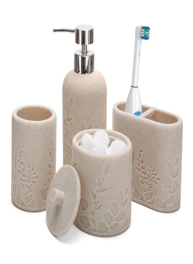 Aksipo Beige Bathroom Accessories Set, 4 Pcs Sturdy Resin Bathroom Accessory Set, Hand Soap Dispenser, Toothbrush Holder Set, Tumbler, Qtip Holder Dispenser, Stylish & Modern Bathroom Decor Set - Image 1