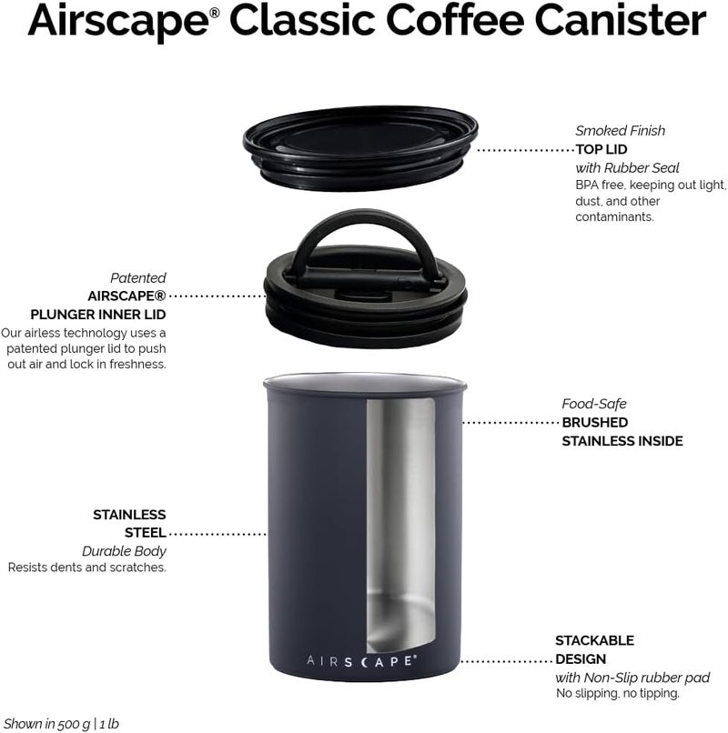 Planetary Design Airscape® حاوية القهوة الفولاذية المقاومة للصدأ | حاوية تخزين الطعام | غطاء المكبس الداخلي الحاصل على براءة اختراع أمريكية يزيل الأكسجين الزائد | لا تشتري محكم الإغلاق، اشترِ خاليًا من الهواء | (وسط، أبيض غير لامع) - Image 2