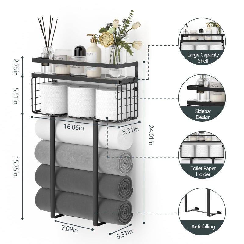 Xstydes Towel Racks for Bathroom, Metal Towel Holder with Storage Basket,Wall Towel Rack for Rolled Towels, Towel Storage for Small Bathroom,Black - Image 5