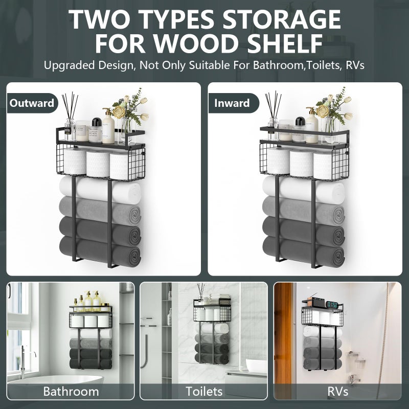 Xstydes Towel Racks for Bathroom, Metal Towel Holder with Storage Basket,Wall Towel Rack for Rolled Towels, Towel Storage for Small Bathroom,Black - Image 3