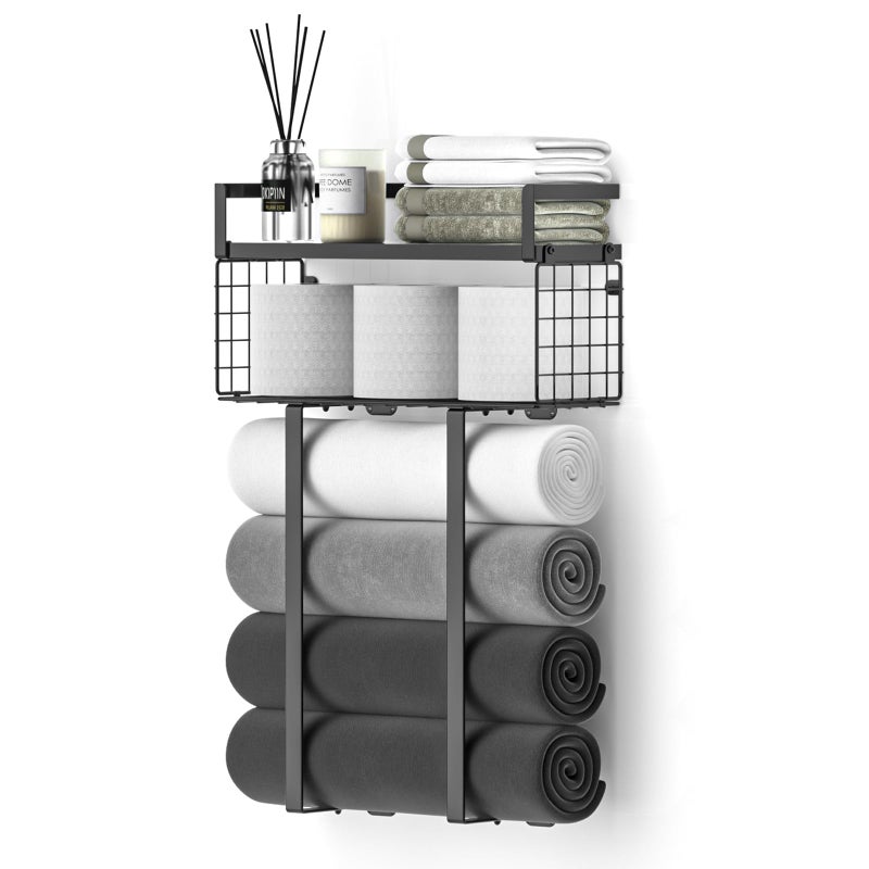 Xstydes Towel Racks for Bathroom, Metal Towel Holder with Storage Basket,Wall Towel Rack for Rolled Towels, Towel Storage for Small Bathroom,Black - Image 1