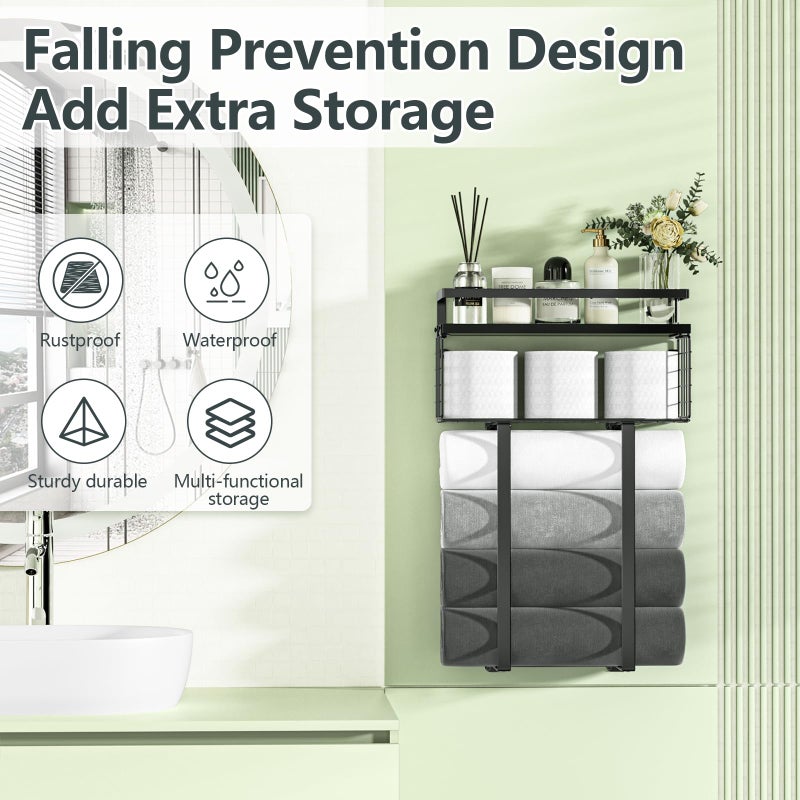 Xstydes Towel Racks for Bathroom, Metal Towel Holder with Storage Basket,Wall Towel Rack for Rolled Towels, Towel Storage for Small Bathroom,Black - Image 4