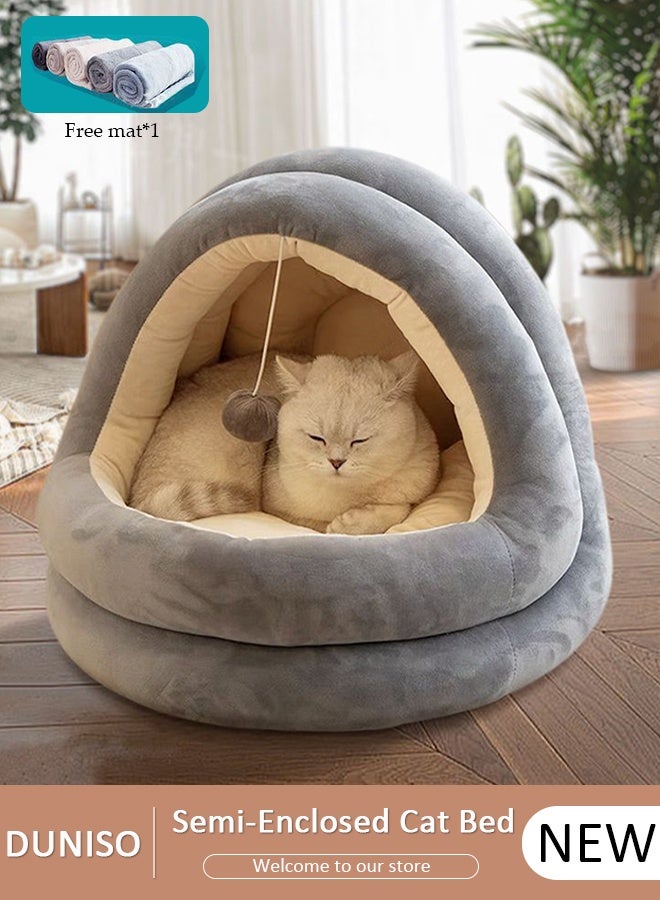 DUNISO Indoor Cat Bed,Cat Bed Semi-Enclosed for Indoor, Portable Cat Cave Bed with Plush Ball and Anti-Slip Bottom, Washable Pet Bed for Medium-sized Cats and Small Dogs,45*45*38cm - Image 1
