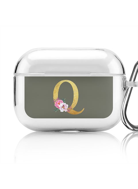 Classic Clear printed Case for Apple AirPods Pro 2nd Generation Thin Transparent Cover - Custom Monogram Initial Letter Floral Pattern Alphabet - Q (Olive Green )