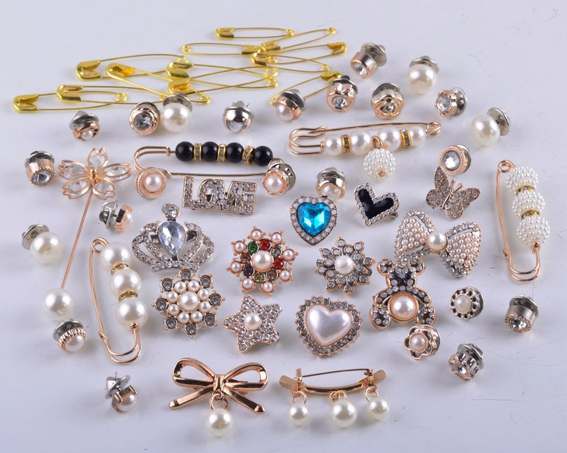eswala Charms for Socks Safety Pin Brooch,55pcs Junk Sock Charms Pins Gold Bling Sock Jewelry Charms,Brooch Pins for Socks,Pearl Rhinestone Brooch Pins Costom Shoe Sock Charms Kit Bulk for Hat Clothes - Image 2