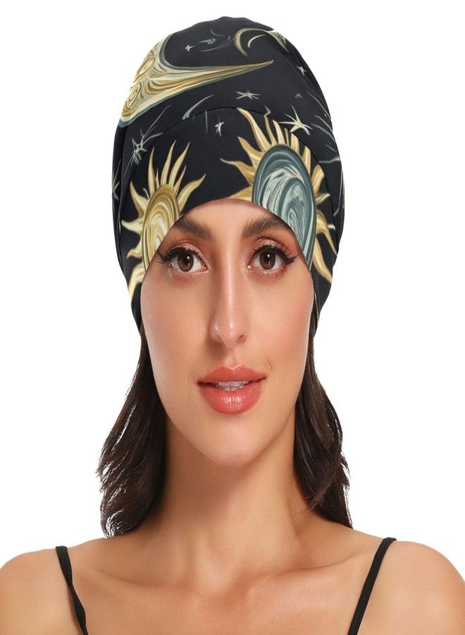 Eyanle Bonnet Sleep Cap Hair Wrap Cover for Sleeping Satin Lined Head Wrap Nurse Cap Night Curly Long Hair Sleep Protection Slouchy Beanie for Men Women Star Moon Sun Constellation Black - Image 2