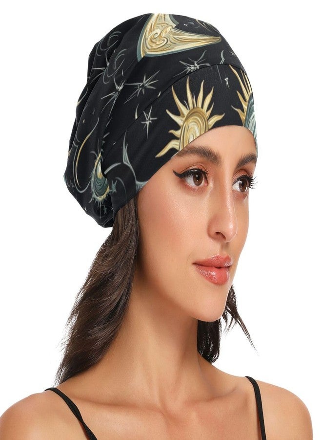 Eyanle Bonnet Sleep Cap Hair Wrap Cover for Sleeping Satin Lined Head Wrap Nurse Cap Night Curly Long Hair Sleep Protection Slouchy Beanie for Men Women Star Moon Sun Constellation Black - Image 3