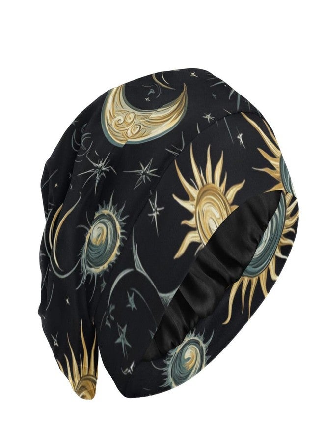 Eyanle Bonnet Sleep Cap Hair Wrap Cover for Sleeping Satin Lined Head Wrap Nurse Cap Night Curly Long Hair Sleep Protection Slouchy Beanie for Men Women Star Moon Sun Constellation Black - Image 1