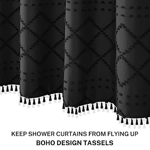 Siiluminisoy Black Shower Curtain with Tassels Boho Cloth Shower Curtain Black 72 x 72 Tufted Chevron Striped Chenille Woven Modern Farmhouse Minimalist, Shabby Chic Bathroom Decor - Image 3