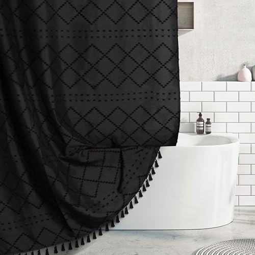 Siiluminisoy Black Shower Curtain with Tassels Boho Cloth Shower Curtain Black 72 x 72 Tufted Chevron Striped Chenille Woven Modern Farmhouse Minimalist, Shabby Chic Bathroom Decor - Image 1