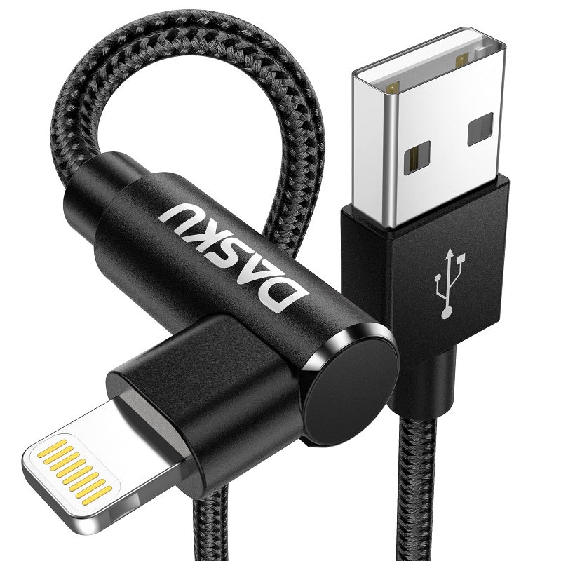 Dasku 90 Degree iPhone Charging Cable 2Pack 10ft Right Angle Nylon Braided Lightning Charger Cord Compatible with iPhone 14 13 12 11 Pro Max XS XR X 8 7 6 5 Plus iPadï¼ˆBlackï¼‰ - Image 1