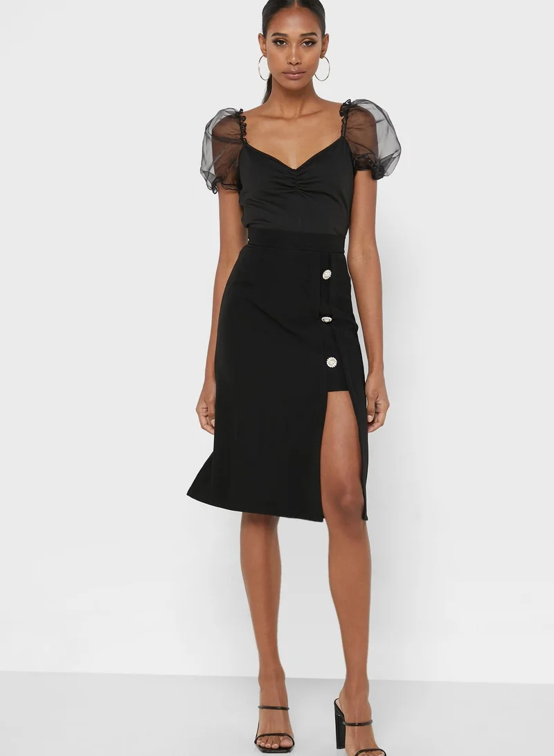 ELLA Buttoned Detail Asymmetrical Hem Skirt