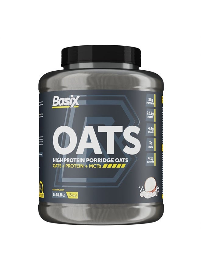Basix High Protein Oats Powder, 23g Protein Per Serving, Oats + Whey Protein + MCTs, BCAAs, Coconut Flavor, 3kg (6.6Lb), 50 Servings - Image 1