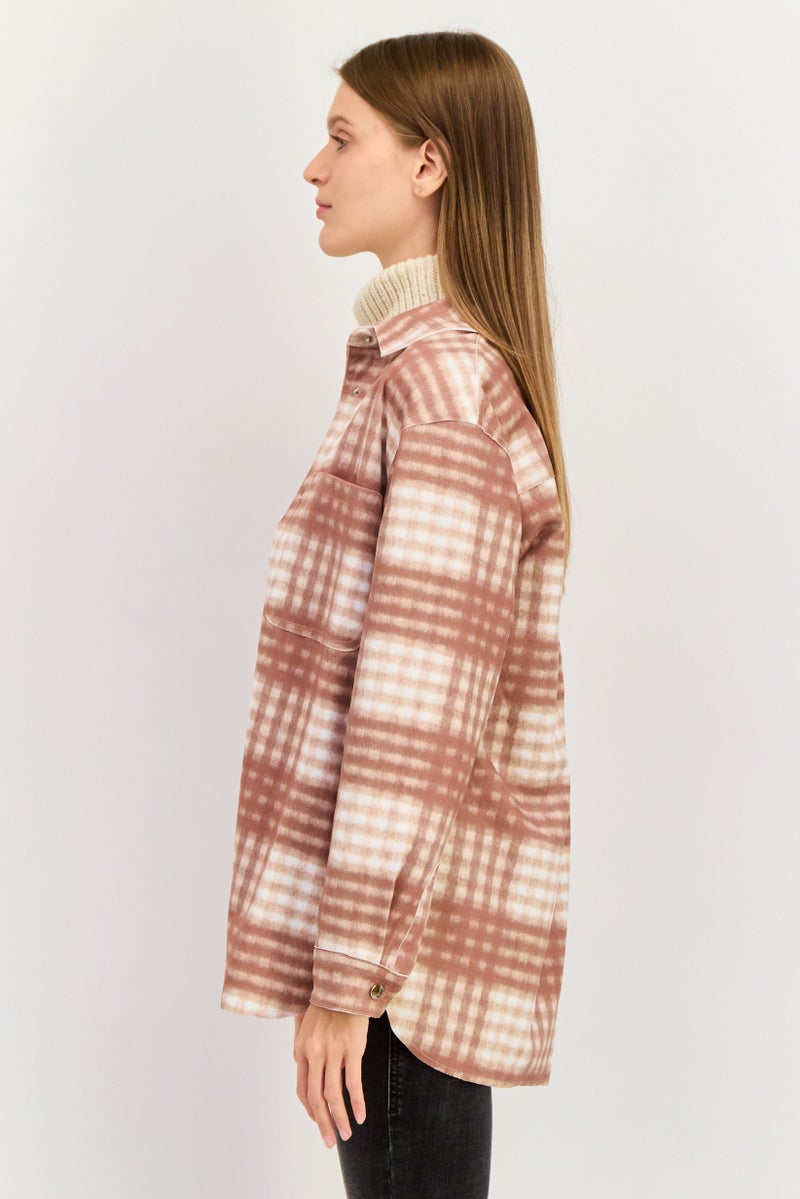 Urban Revivo Women Chechekered Jacket Shirt, Tan Combo  - Image 4
