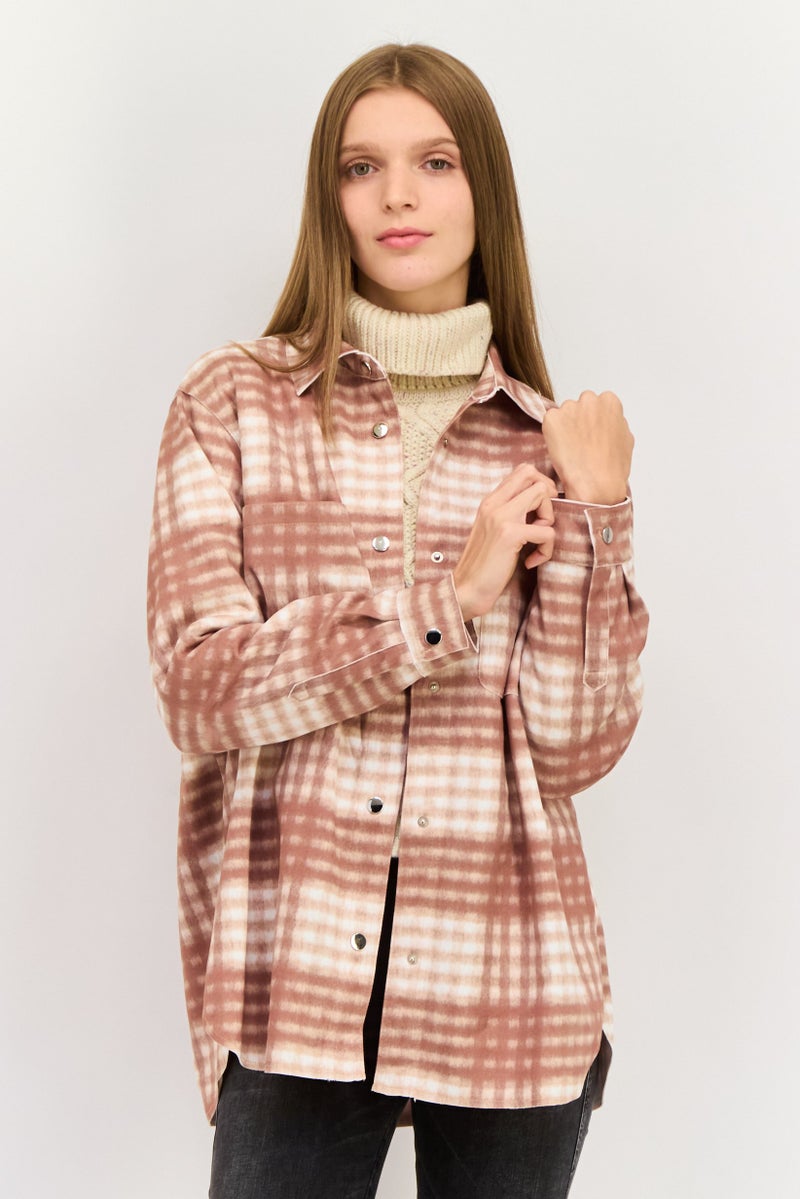 Urban Revivo Women Chechekered Jacket Shirt, Tan Combo  - Image 1