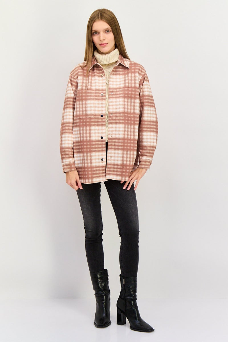 Urban Revivo Women Chechekered Jacket Shirt, Tan Combo  - Image 3
