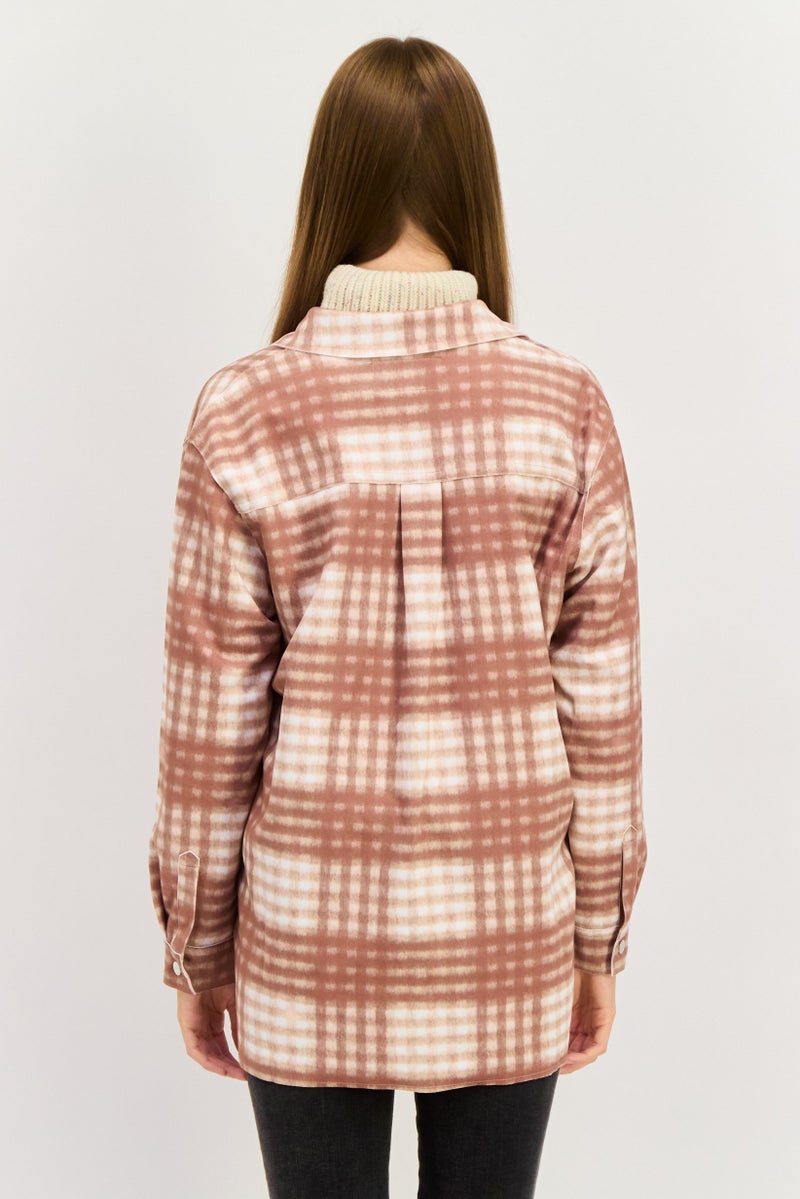 Urban Revivo Women Chechekered Jacket Shirt, Tan Combo  - Image 2