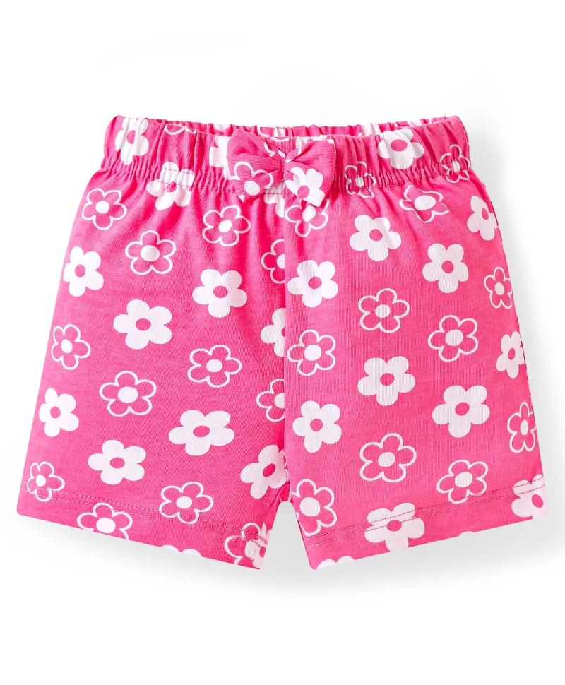 Babyhug Babyhug Cotton Single Jersey Knit Mid Thigh Tropical Theme Printed Shorts with Bow Applique Pack of 3 - Pink Yellow & Navy Blue