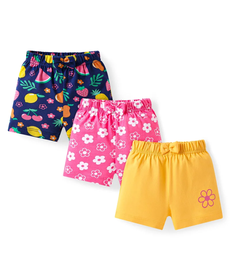 Babyhug Babyhug Cotton Single Jersey Knit Mid Thigh Tropical Theme Printed Shorts with Bow Applique Pack of 3 - Pink Yellow & Navy Blue
