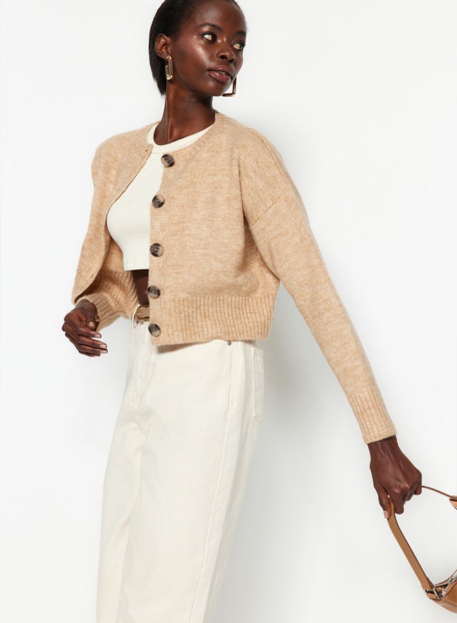 trendyol Beige Crop Soft Texture Buttoned Knit Cardigan - Image 2