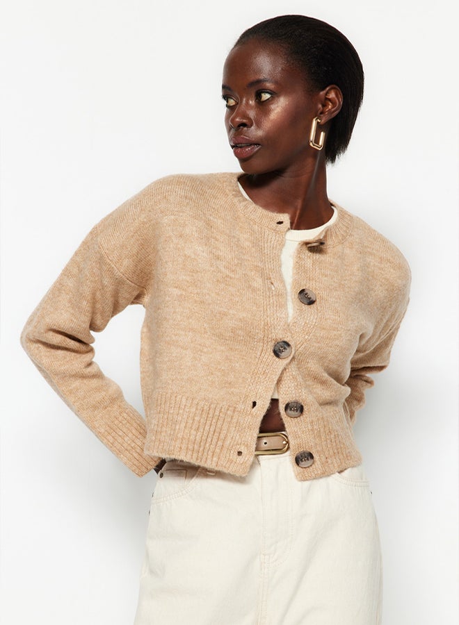 trendyol Beige Crop Soft Texture Buttoned Knit Cardigan - Image 3