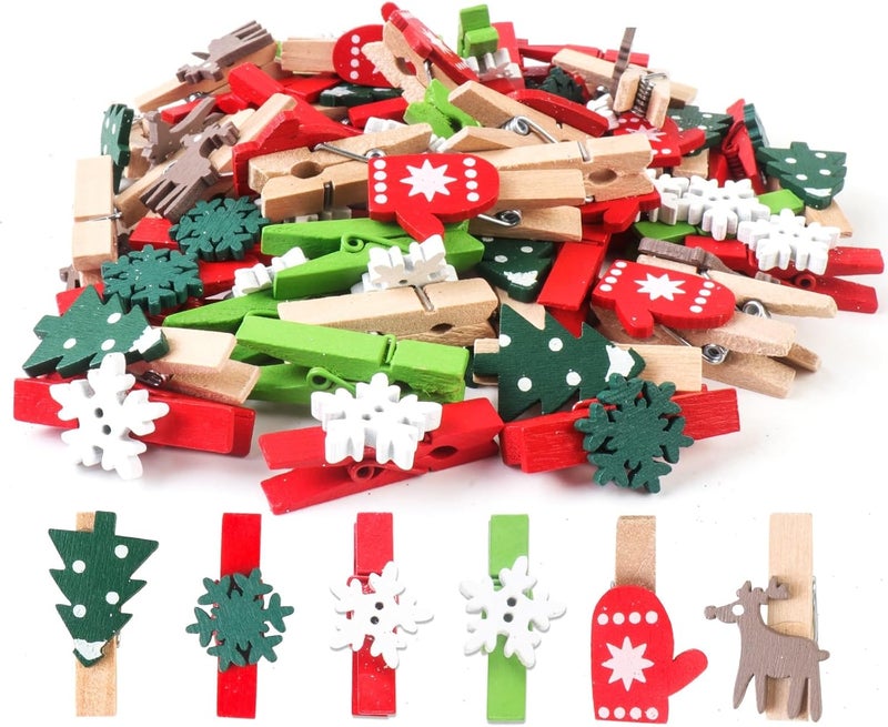 Zplontya Mini Christmas Wooden Clips 120PCS, Christmas Photo Clips, Christmas Tree Clothespins for Christmas Hanging Photos and Party Decorations - Image 1