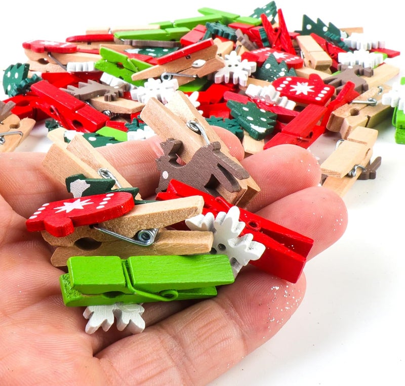 Zplontya Mini Christmas Wooden Clips 120PCS, Christmas Photo Clips, Christmas Tree Clothespins for Christmas Hanging Photos and Party Decorations - Image 3