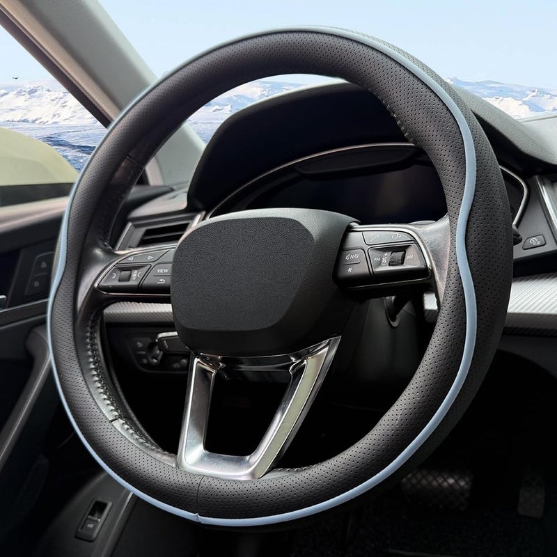HAOTULE Leather Steering Wheel Coverï¼Œ with Anti-Slip Stripe Design - Enhanced Grip, Fashion Style, Safe, Non-Slip, Breathable. Upgrade car Interiorï¼ŒBlack Blue - Image 3