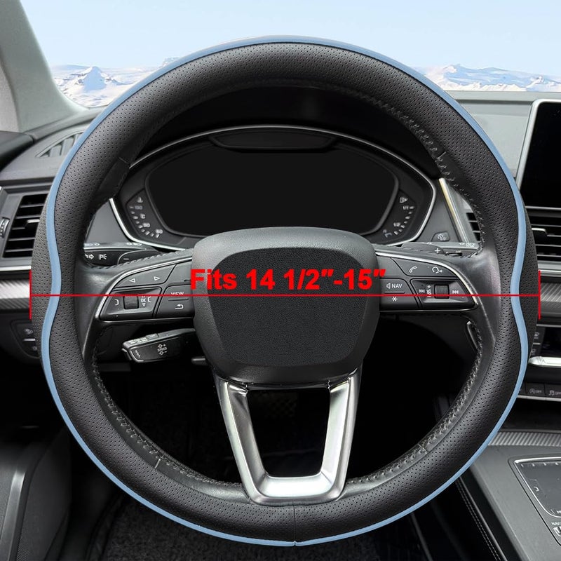 HAOTULE Leather Steering Wheel Coverï¼Œ with Anti-Slip Stripe Design - Enhanced Grip, Fashion Style, Safe, Non-Slip, Breathable. Upgrade car Interiorï¼ŒBlack Blue - Image 2