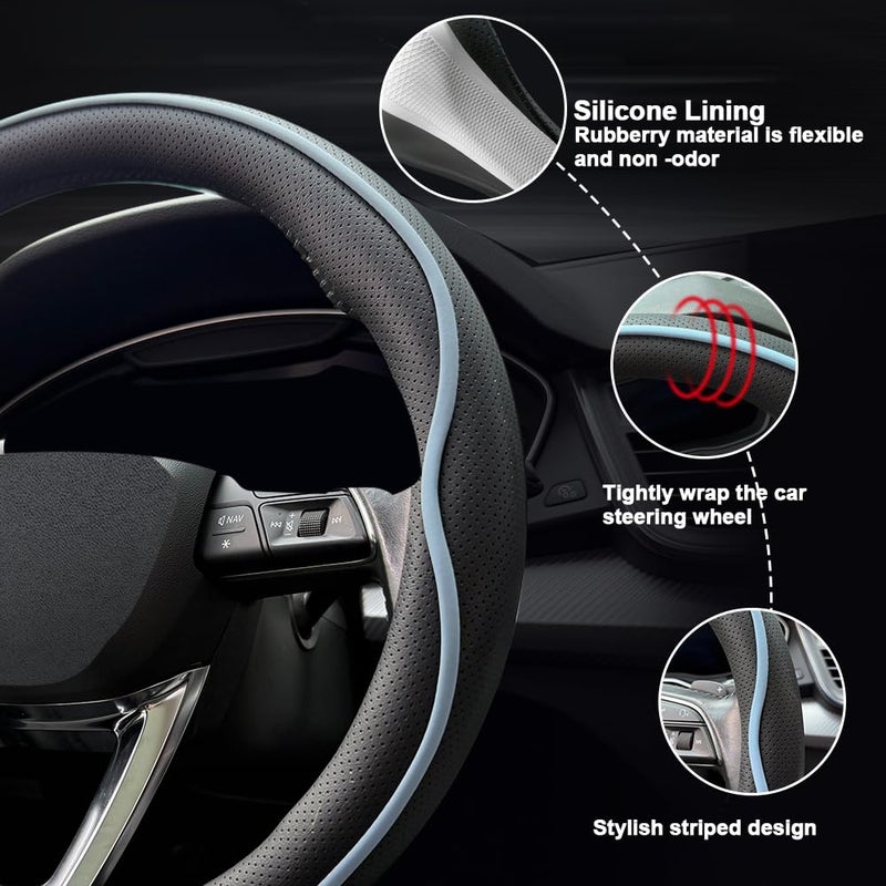 HAOTULE Leather Steering Wheel Coverï¼Œ with Anti-Slip Stripe Design - Enhanced Grip, Fashion Style, Safe, Non-Slip, Breathable. Upgrade car Interiorï¼ŒBlack Blue - Image 4