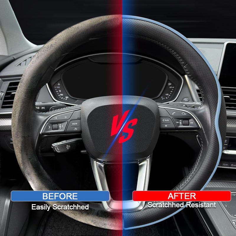 HAOTULE Leather Steering Wheel Coverï¼Œ with Anti-Slip Stripe Design - Enhanced Grip, Fashion Style, Safe, Non-Slip, Breathable. Upgrade car Interiorï¼ŒBlack Blue - Image 5