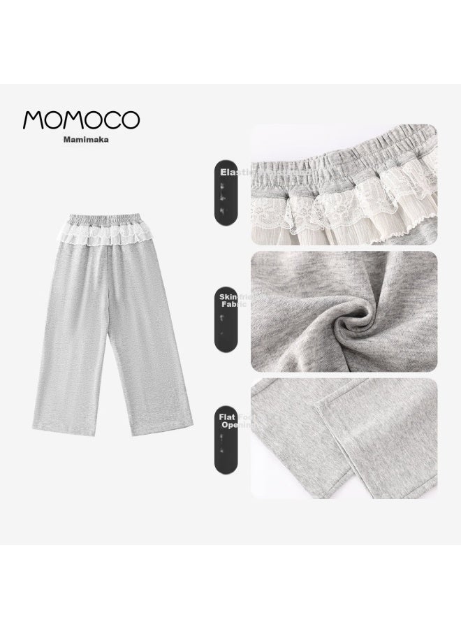 Momoco Girls' Pants Big Kids Fashion Summer New Breathable Sweet Lace Long Pants Grey 150 - Image 2