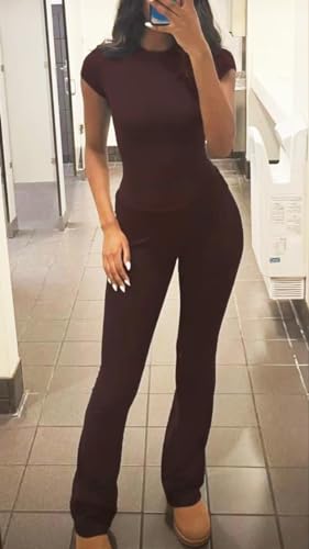 ZFLM Casual Workout Two Piece Outfits for Women Short Sleeve Crop High Waist Foldover Flare Pants Tracksuit Sets Streetwear - Image 3
