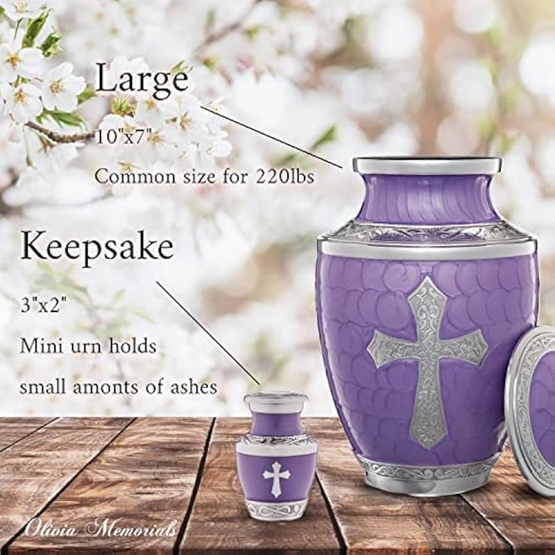 Arabest Purple Urn for Ashes Adult Male Female - Religious Cross - Free Pendant Necklace - Handcrafted Funeral Decorative Urn - Image 2