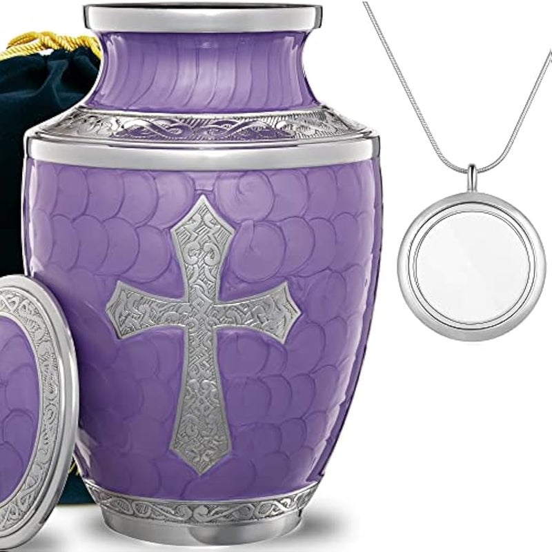 Arabest Purple Urn for Ashes Adult Male Female - Religious Cross - Free Pendant Necklace - Handcrafted Funeral Decorative Urn - Image 3