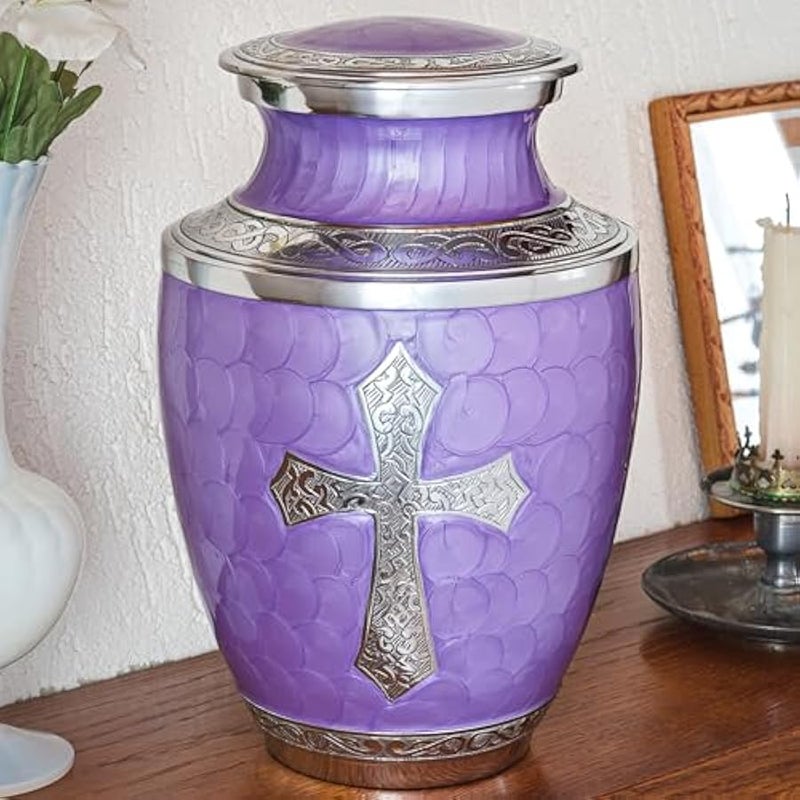 Arabest Purple Urn for Ashes Adult Male Female - Religious Cross - Free Pendant Necklace - Handcrafted Funeral Decorative Urn - Image 1