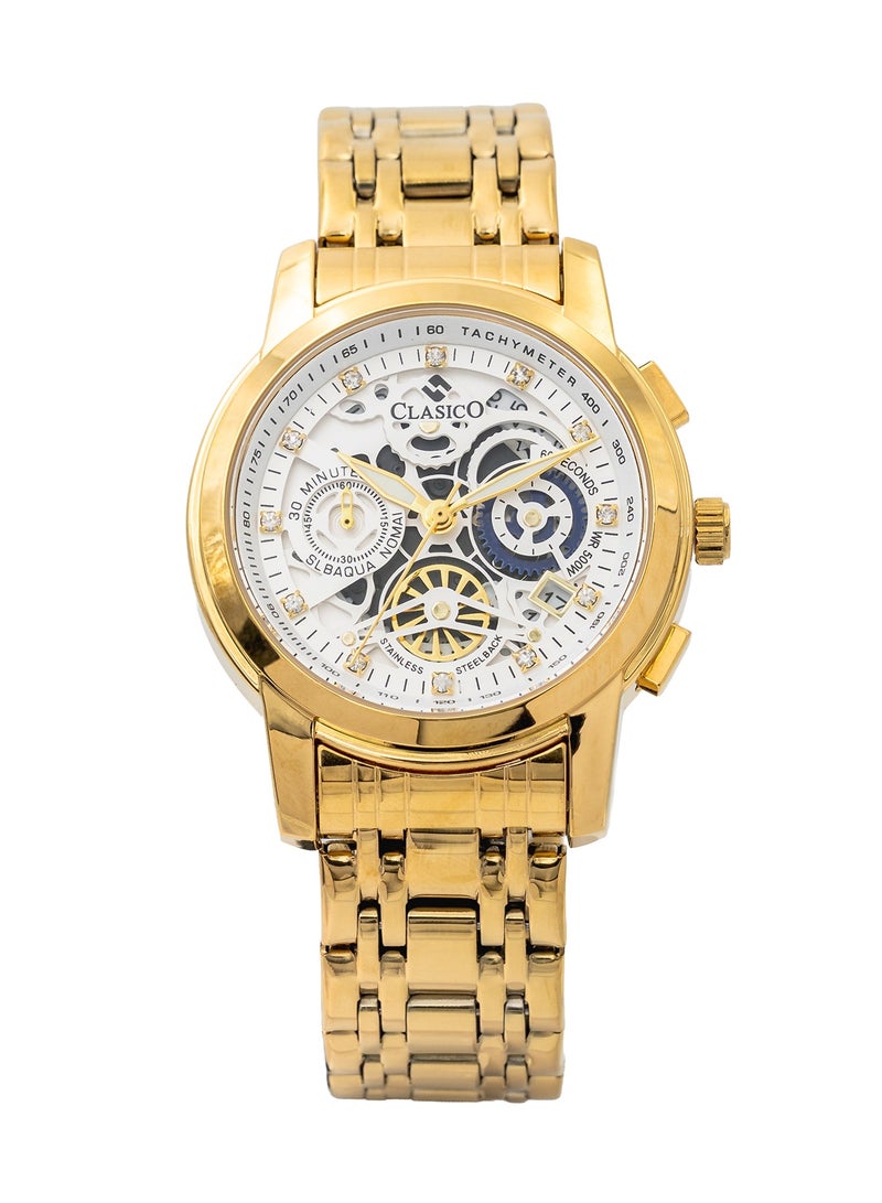 Clasico إصدار قرص الهيكل العظمي - أبيض وذهبي - ساعة كرونوغراف للرجال بحزام فولاذي ناعم فاخر - تصميم مقاوم للماء - Image 1