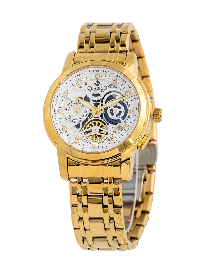Clasico إصدار قرص الهيكل العظمي - أبيض وذهبي - ساعة كرونوغراف للرجال بحزام فولاذي ناعم فاخر - تصميم مقاوم للماء - Image 2