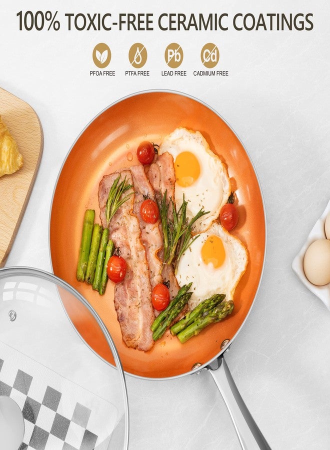 مايكل أنجيلو مقلاة مايكل أنجلو مقاس 12 بوصة مع غطاء، مقلاة نحاسية غير لاصقة، مقلاة سيراميك غير لاصقة مع غطاء، مقلاة نحاسية كبيرة غير لاصقة، متوافقة مع المواقد الحثية - Image 3