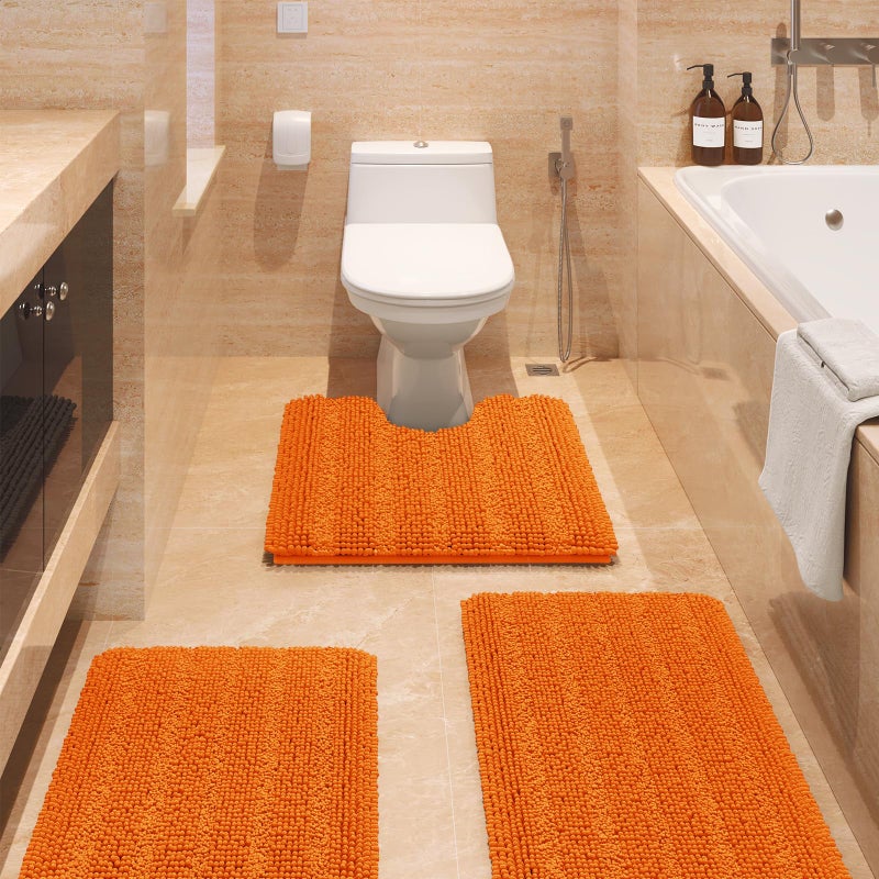 ACCUMTEK Striped Orange Bathroom Rug Set 3 Pieces Ultra Soft Non Slip Chenille Toilet Mat Absorbent Plush Shaggy Bath Mats for Bathroom Bedroom Kitchen