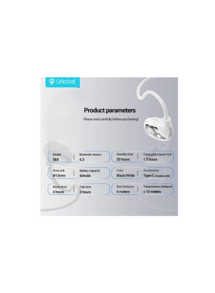 Celebrat Celebrat SE8 Open-Ear Sports Wireless Bluetooth Headset Air Conduction, Stereo Calls, Hanging Ear Design, Secure Fit, Noise Cancelling - White  - Image 4