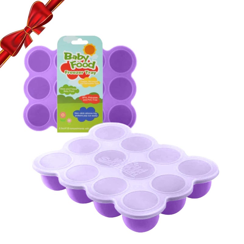 Samuelworld Baby Food Storage Container, 12 Portions x 2.5oz - BPA Free Silicone Freezer Tray with Clip-On Lid for Breast Milk Storage, Homemade Baby Food, Vegetable & Fruit Purees - Purple - Image 1