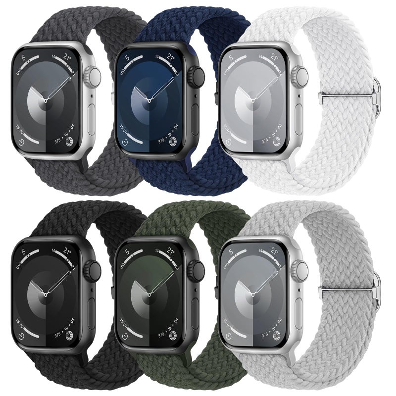 Knossen 6 Pack Braided Stretchy Bands Compatible with Apple Watch Band 38mm 40mm 41mm 42mm 44mm 45mm 46mm 49mm Women Men, Adjustable Nylon Solo Loop Elastic Straps for iWatch Series 11 10 9 8 7 6 5 4 SE Ultra - Image 1