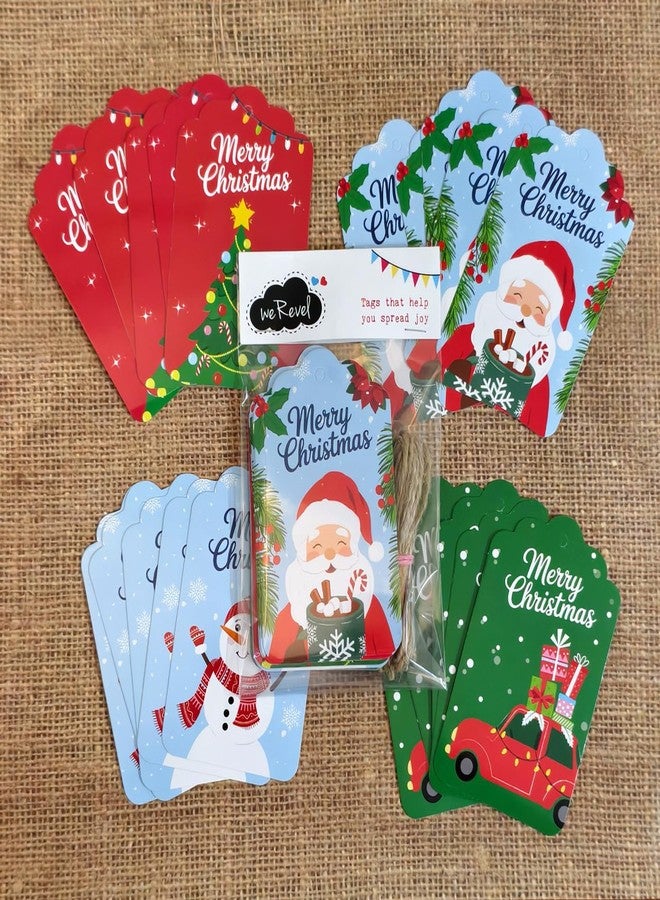 weRevel Merry Christmas Gift Tags – Pack of 20 | 4 Cute & Festive Designs | Santa, Snowman, Christmas Tree & Gifts | Premium Tags with Jute String | Gift Wrapping & Return Gift Tags - Image 3