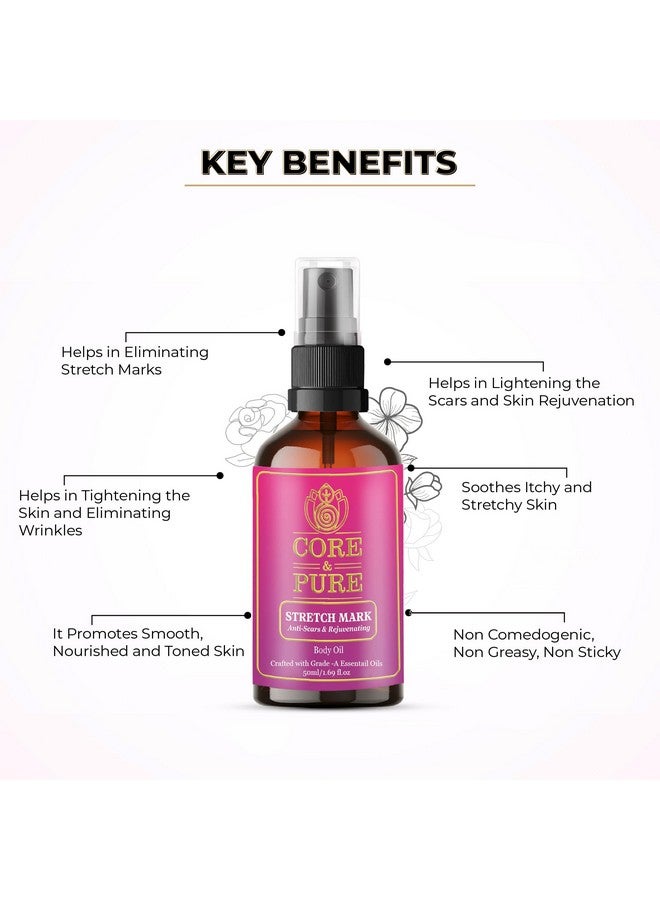 CORE & PURE Stretch Mark Oil Helps in Scar Removal, Uneven Skin Tone & Soothes Itchy and Stretchy Skin with 100% Natural Essential Oils Rose, Myrrh, Jasmine |All Skin Types|- 50ml - Image 3