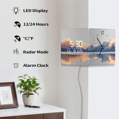 SCOAGE 12 Double Sided 90 Corner Wall Clock Golden Sunrise Lake Radar Motion Activated Analog LED Display with Temp Humidity Date Day Silent NonTicking Plugin for Living Room Hallway - Image 3
